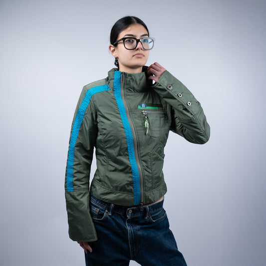 Diesel 2000s Biker Style Cropped Jacket – Olivgrün & Türkis – Größe M