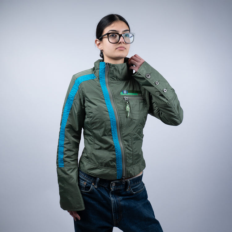 Diesel 2000s Biker Style Cropped Jacket – Olivgrün & Türkis – Größe M