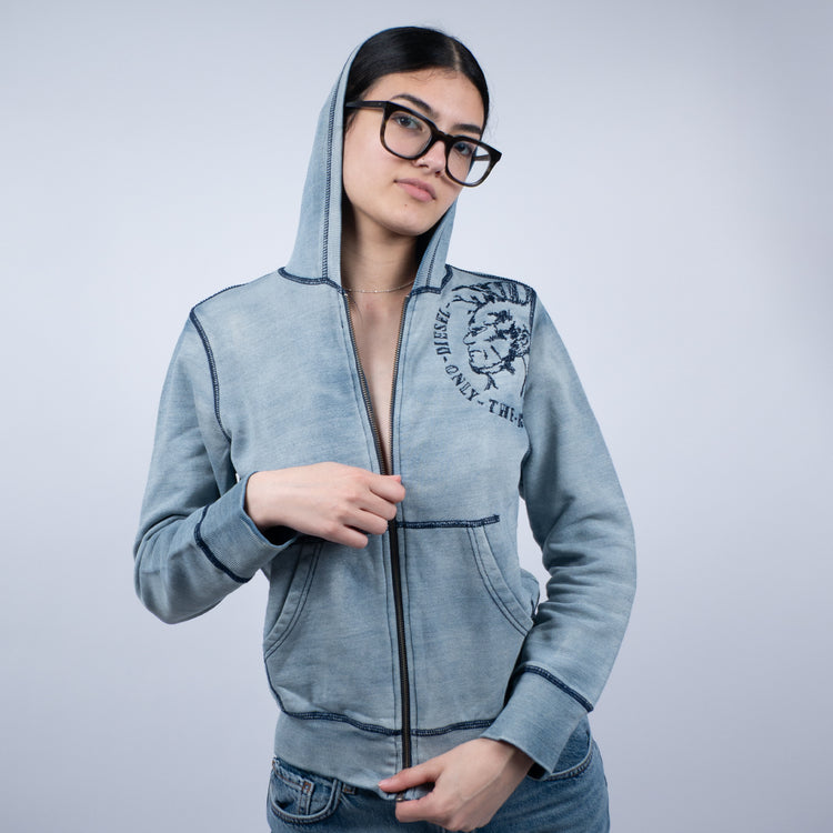 Diesel Full Zip Hoodie Damen – Mohawk Logo – Hellblau Vintage Wash – Größe S