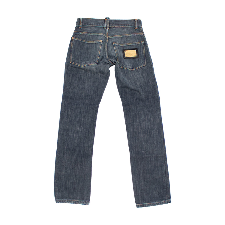 Dolce & Gabbana Raw Denim Jeans mit Goldenem Etikett - Dunkelblau/Schwarz - Größe S