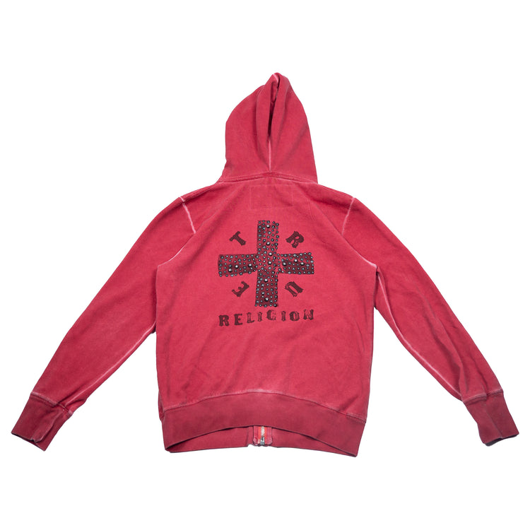 Vintage Y2K True Religion Zip Up Hoodie in Rot mit Strassdetails