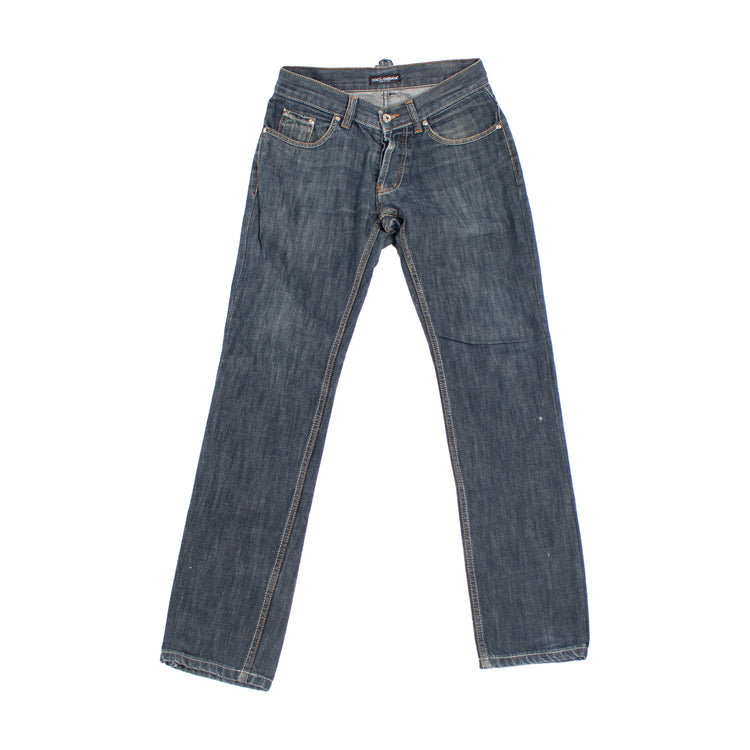 Dolce & Gabbana Raw Denim Jeans mit Goldenem Etikett - Dunkelblau/Schwarz - Größe S