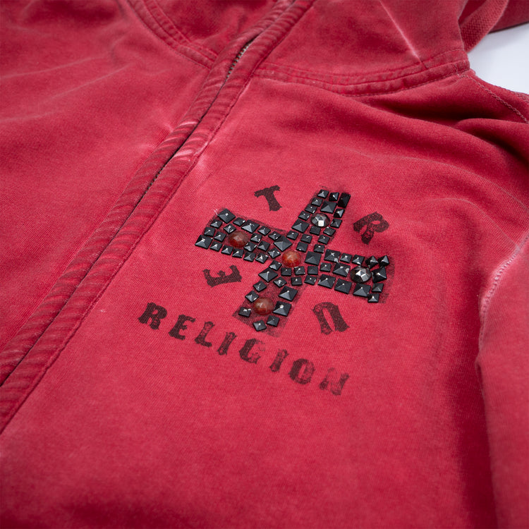 Vintage Y2K True Religion Zip Up Hoodie in Rot mit Strassdetails