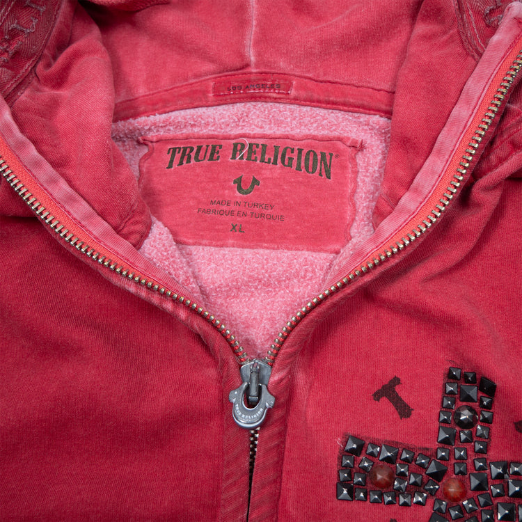 Vintage Y2K True Religion Zip Up Hoodie in Rot mit Strassdetails